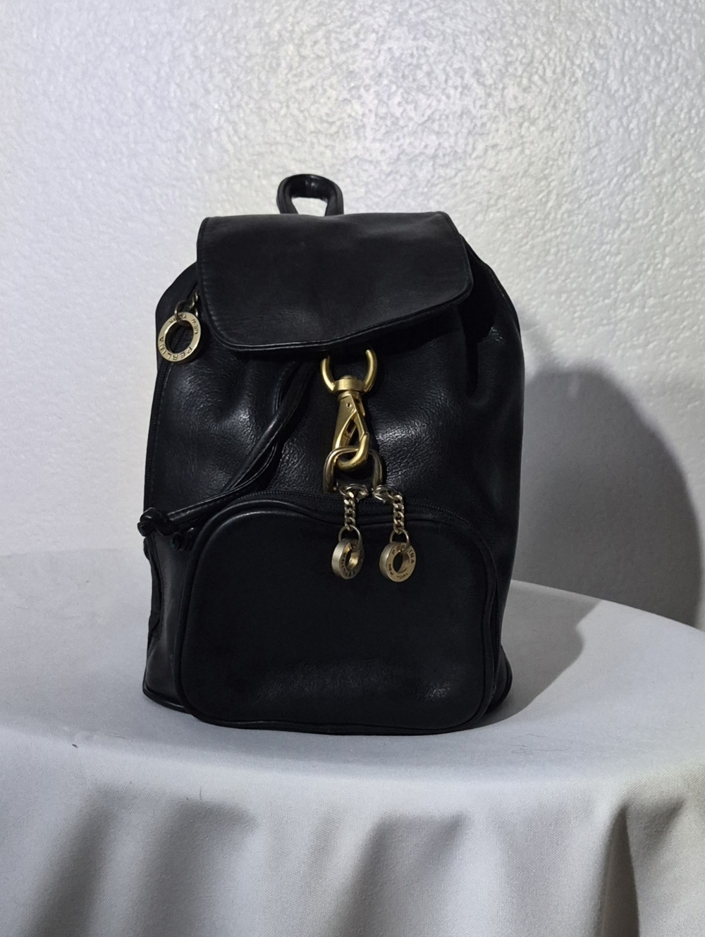 Perlina Black Leather Backpack with Gold Hardware Accents
